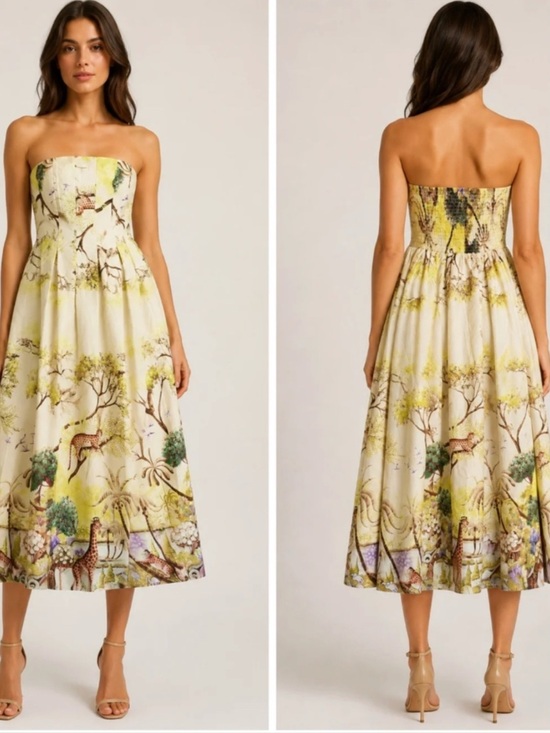 Caroline Constas Dresses & Skirts - NWT Caroline Constas Safari Jungle Print Strapless Cotton Maxi Dress Smocked M
